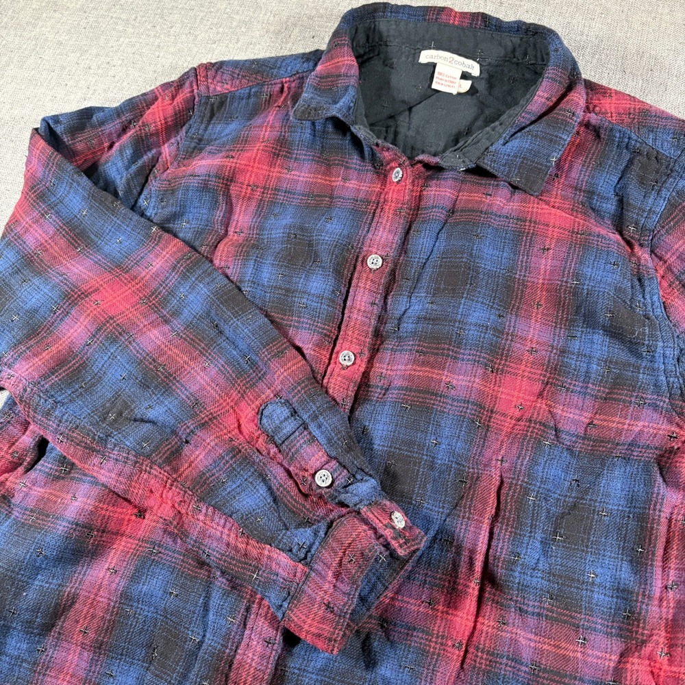 Carbon 2 Cobalt Plaid Button Down Women Large Red Blue Cross Stitch 333024